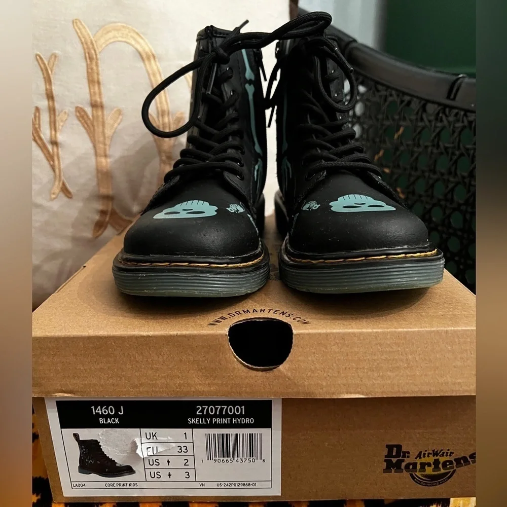 DR. MARTEN Kids Glow in the Dark Skeleton Combat Style Boots Skelly Print Hydro